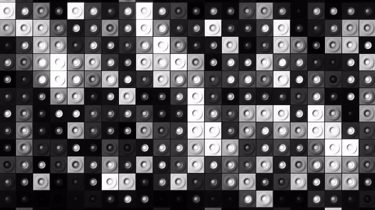 Huge amount of randomly moving cubes with circles inside them, seamless loop, black and white. Motion. Monochrome blinking squares wall