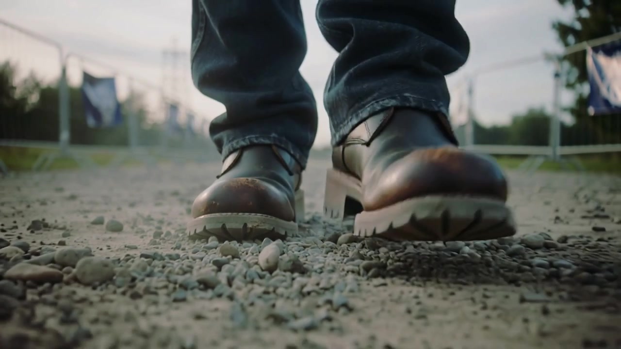 Walking worker in denim and brown boots entering fenced gravel corridor, kicking pebbles to pass
