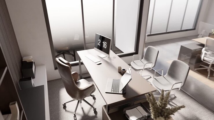 animazione 3d di rendering di un ufficio moderno con portatile e scrivania a sedia vuota riunione con clienti e colleghi