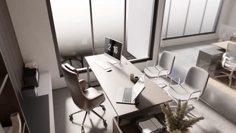 3d rendering animation of modern office with laptop and desktop empty chair meeting with customer and colleagues