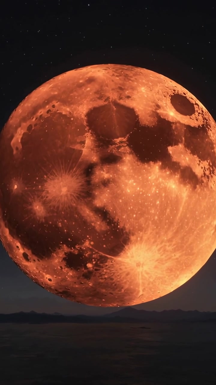 Vertical video: Playing frames, large orange moon shifting over water at night with stars and hills