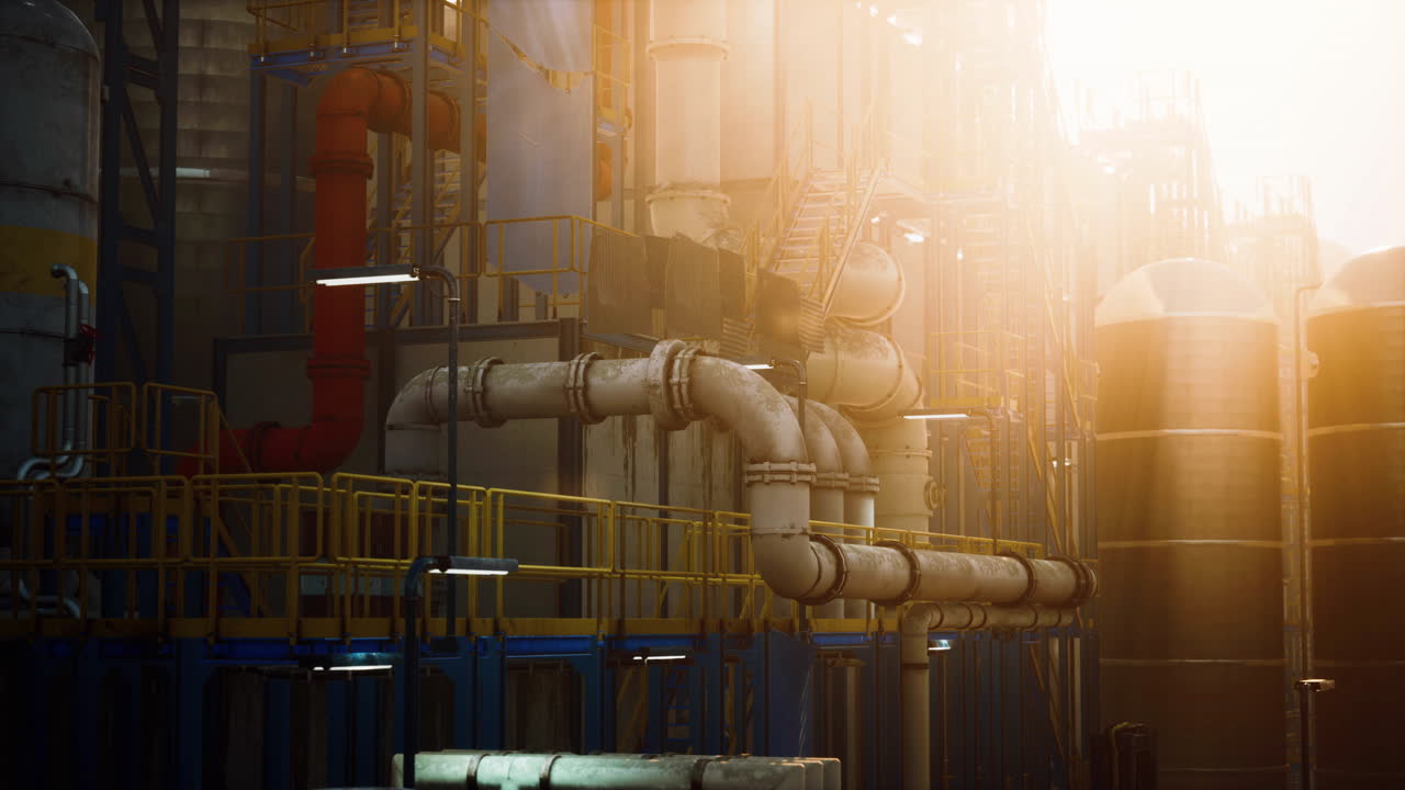 fábrica de refinería de la industria del petróleo al atardecer