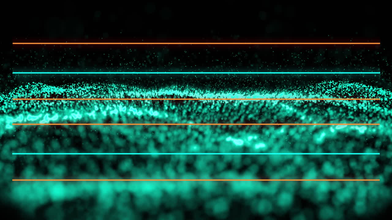 Animation of horizontal green and orange lines over glowing green mesh waving on seamless loop