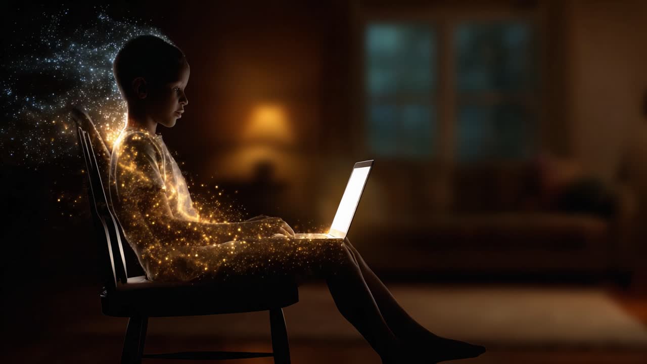 A Young Individual Engrossed in a Laptop, Surrounded by Ethereal Energy, Blending Technology and Imagination in a Cozy, Dimly Lit Environment at Home