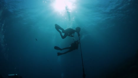 a silhouette of two scuba divers underwater holding onto a buoy swaying in the current