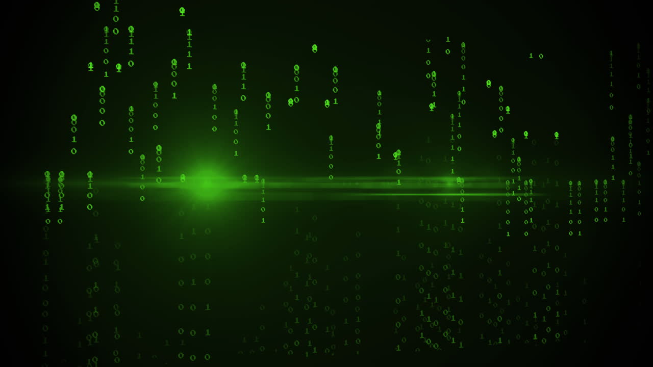 Animation of green binary coding data processing over black background