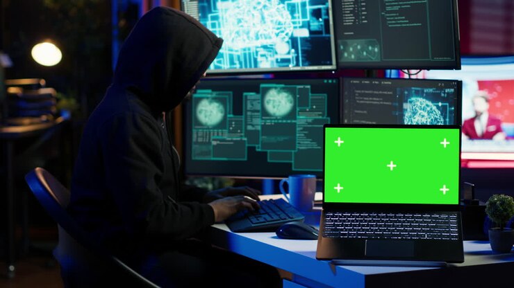 Mockup di notebook utilizzato da un programmatore malvagio in un bunker nascosto, primo piano