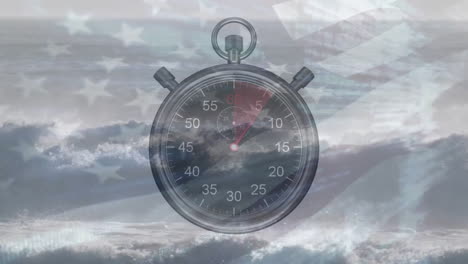 Animation-of-stop-watch-over-flag-of-usa-and-clouds