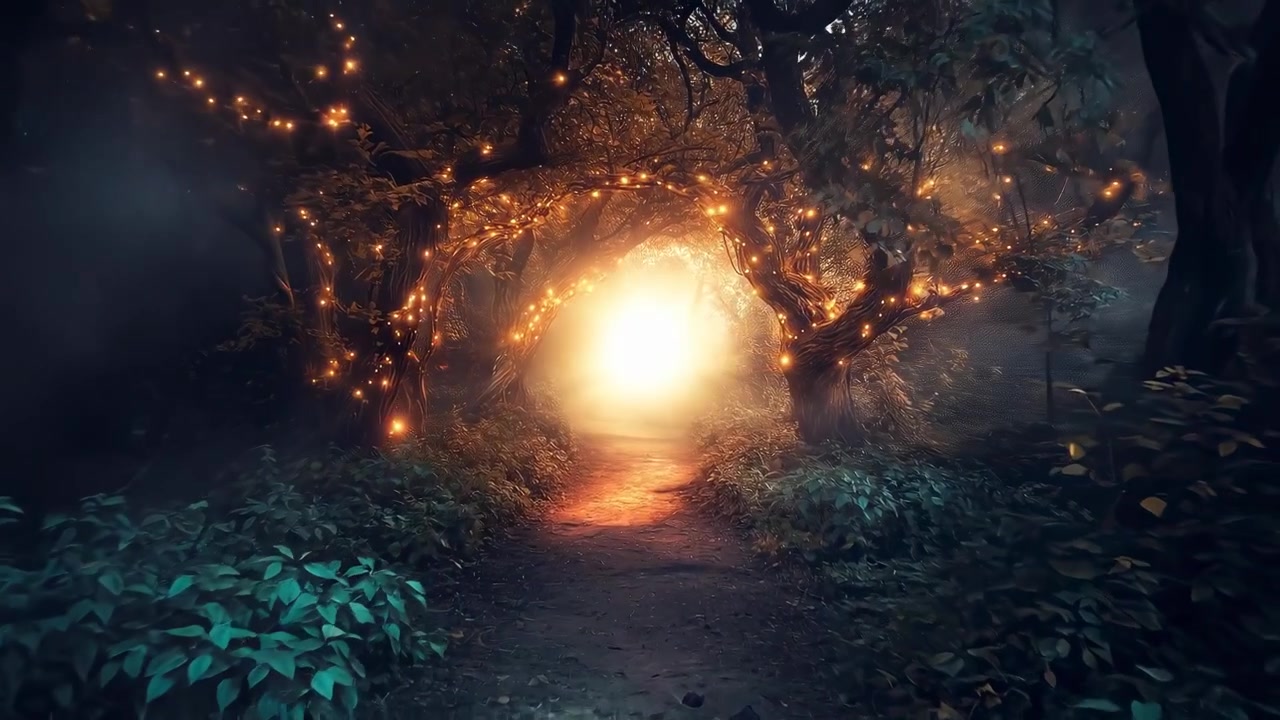 Enchanted Forest Path with Magical Glowing Lights and Expanding Portal