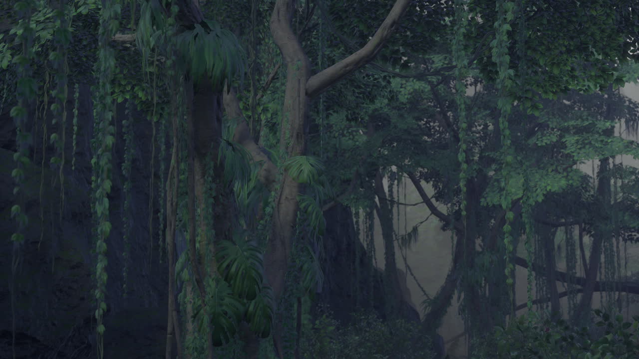 Lush tropical forest with dense vegetation and hanging vines at dawn