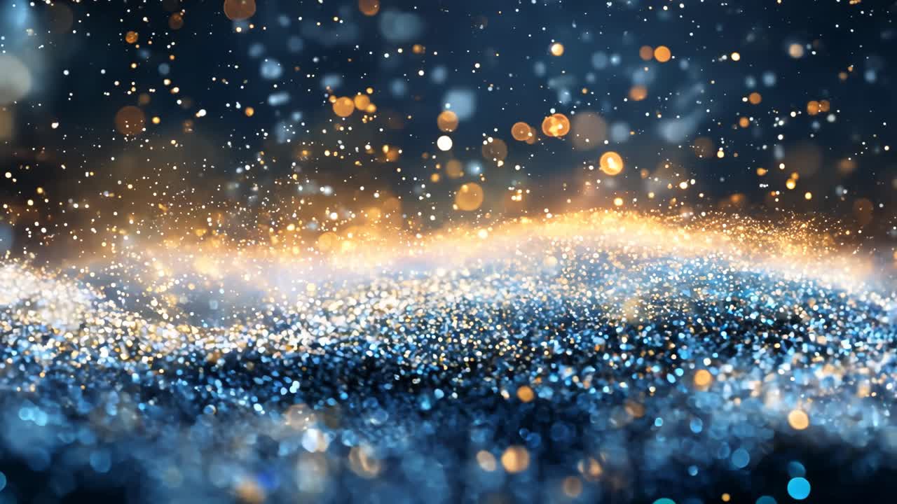 A blue sky with a lot of snow and bright lights. The snow is falling and the lights are shining on it