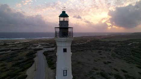 California-Lighthouse-sunrise-aerial,-Aruba