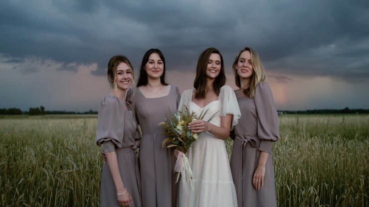 Bride posing with her bridesmaids