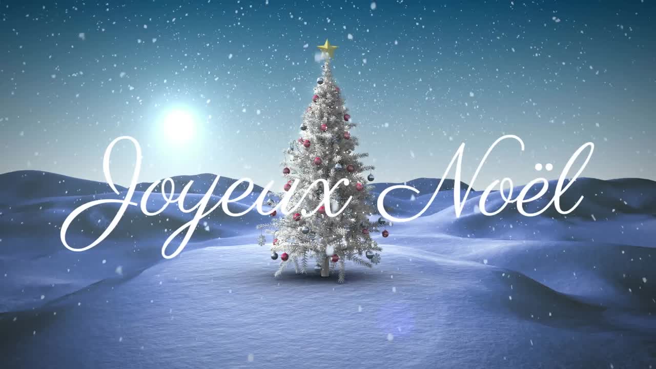 Animation of joyeux noel christmas greetings over christmas tree in winter scenery