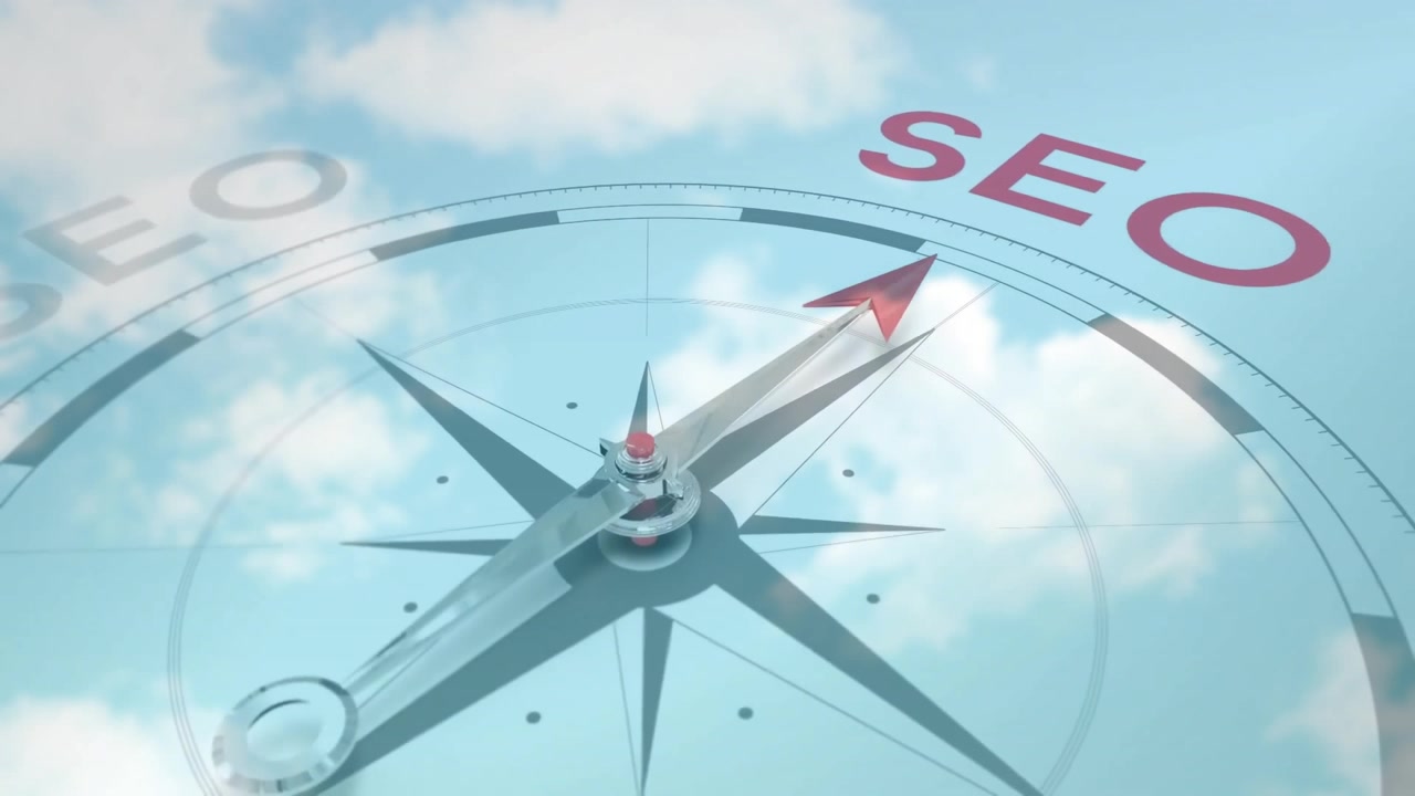 3D render initiating compass needle rotating clockwise toward red SEO marking indicating direction