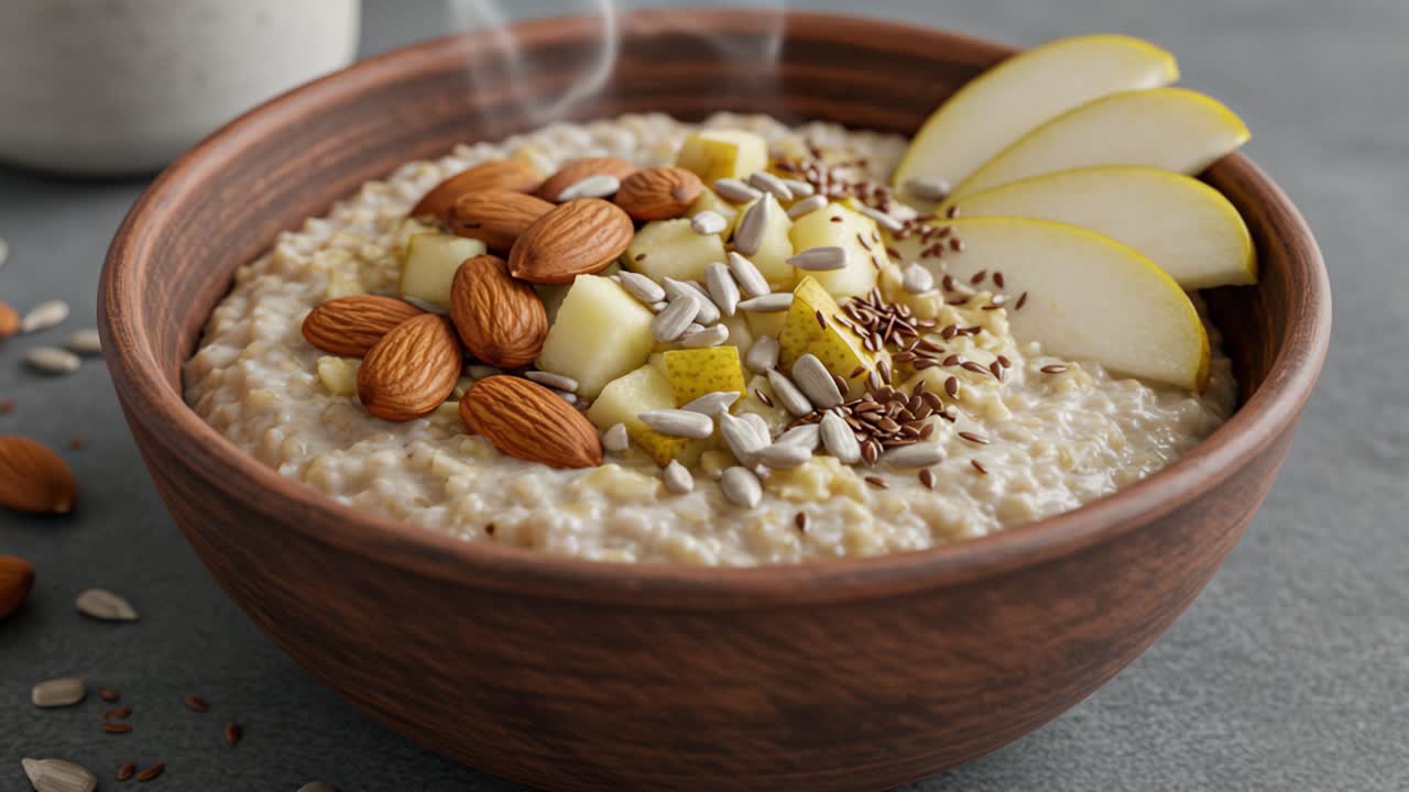 Nourishing Bowl of Hot Oatmeal Topped with Fresh Apples, Almonds, Sunflower Seeds, and Flaxseeds, Perfect for a Healthy Breakfast or Snack
