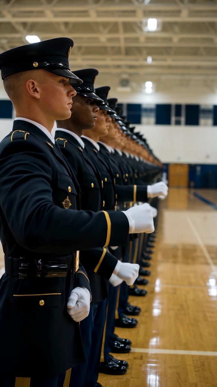 Side view shows uniformed participants in aligned formation as white-gloved hands move together from chest level toward lowered positions beside polished wood flooring under bright ceiling lights.