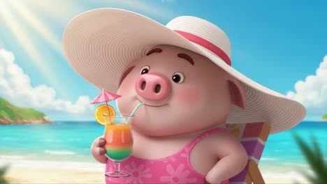 charming pig relaxing on the beach with colorful drink under bright sunlight, enjoying a cheerful day in a tropical paradise setting