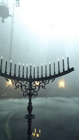 mysterious candlelit hall with mist and ancient architecture at dawn