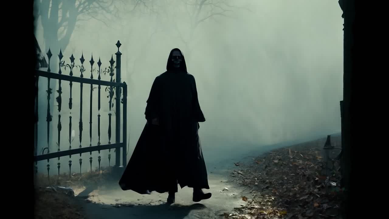 할로윈 밤에 안개가 가득한 묘지를 걸어다니는 골격 의상을 입은 남자