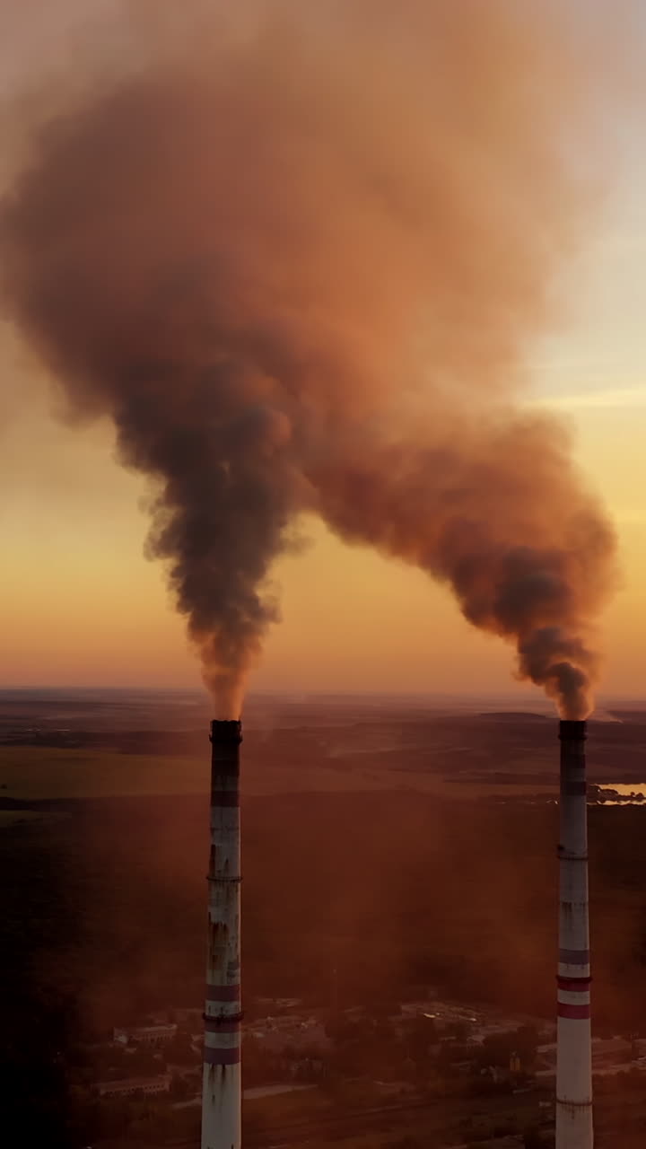 City air pollution. Plant and chimney stack with smoke and dirty orange air as illustration for pollution and importance of climate Vertical video