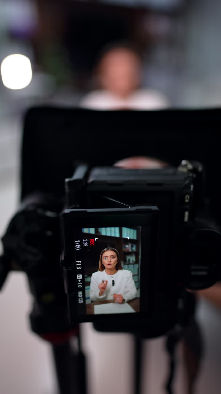Distancing from a display of a professional camera recording a brunette long-haired woman. Blog creation. Blurred backdrop. Vertical video.