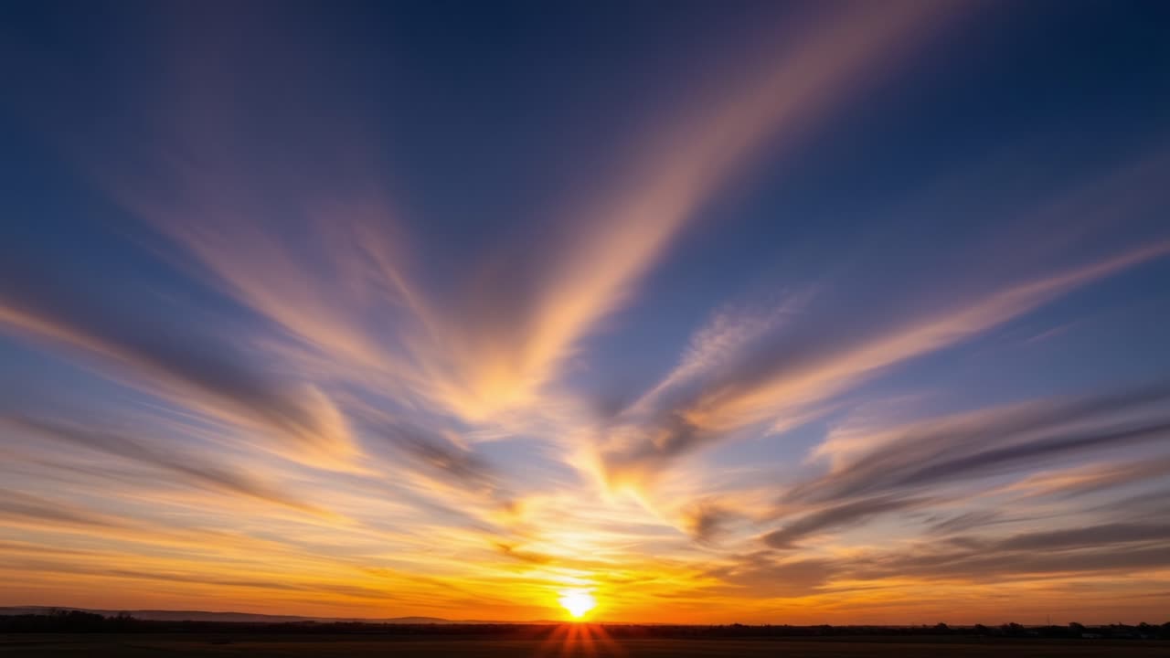 Stunning Sunset Over Horizon with Dynamic Cloud Patterns and Vibrant Colors Illuminating the Sky at Dusk