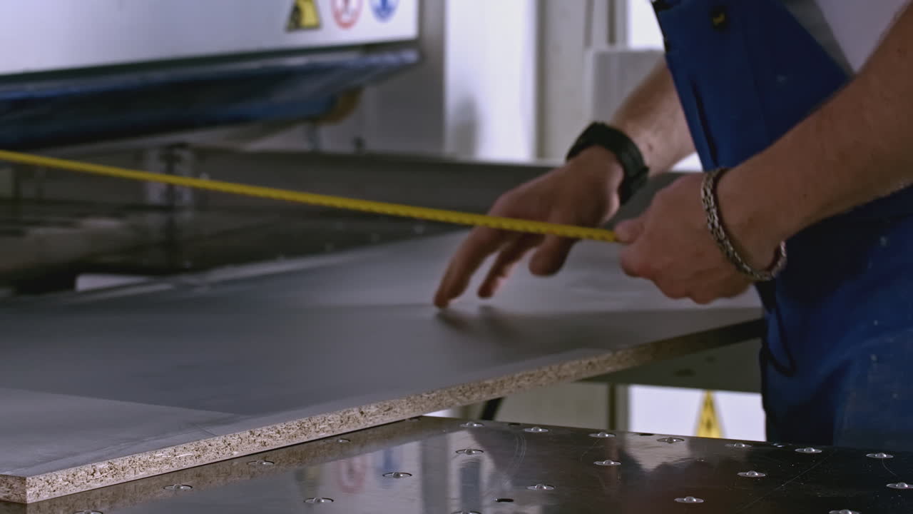 panel de medición de madera en un taller
