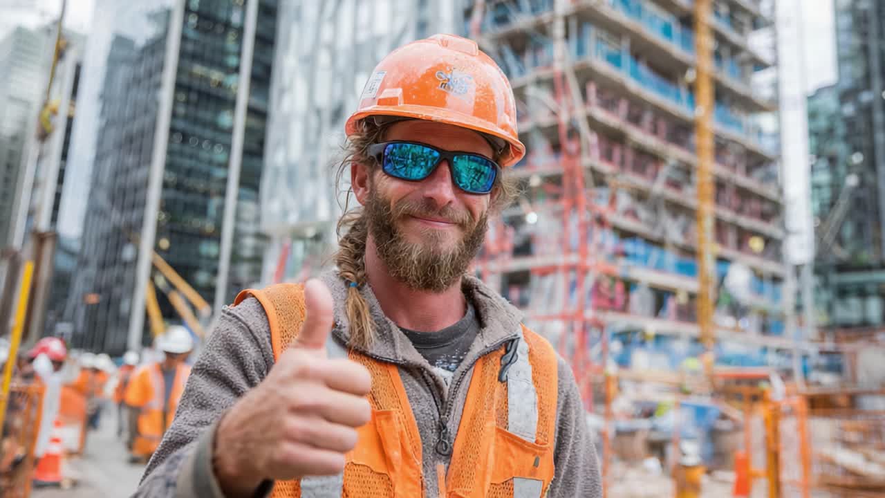A Construction Worker at a Dynamic Building Site, Showcasing Enthusiasm and Team Spirit with a Thumbs-Up Gesture Amidst Ongoing Urban Development