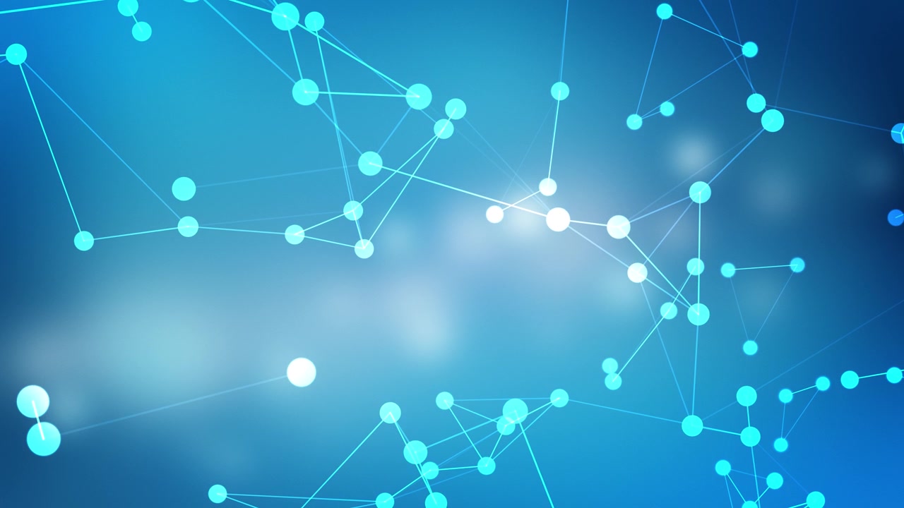 Dynamic seamless loop animation featuring glowing data points and floating particles in digital space. Perfect for tech, science, or business presentations. Wide screen.