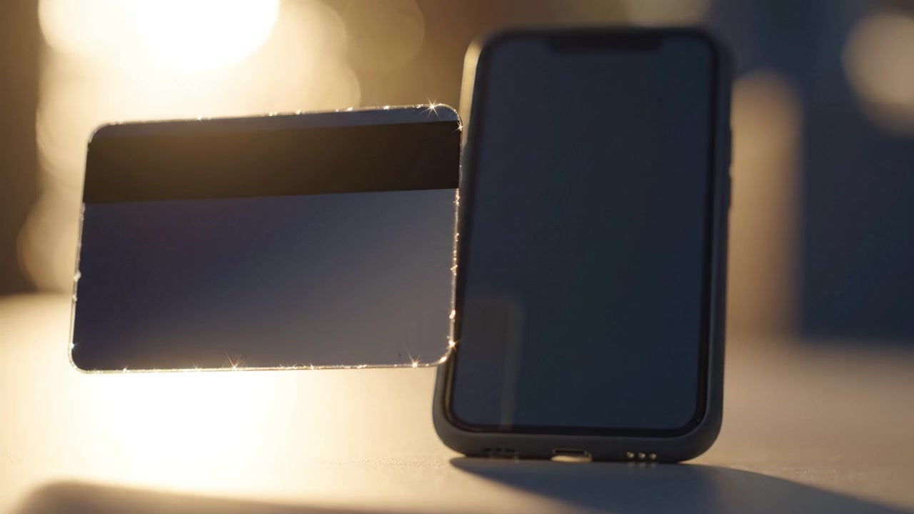 Una vista ravvicinata di uno smartphone e una carta di credito illuminati da una luce solare soffusa, che mostra metodi di pagamento moderni in un ambiente minimalista e tranquillo.