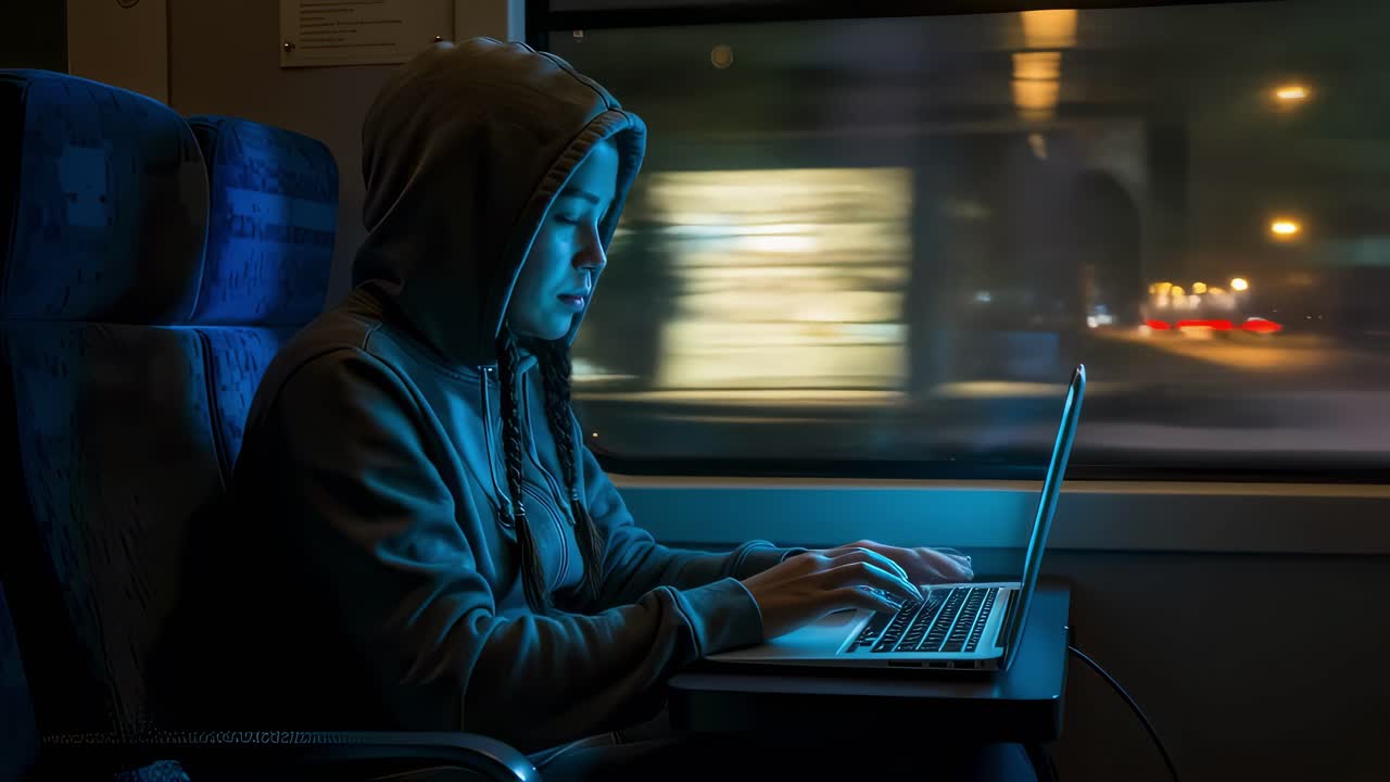 Traveling by train at night creates a serene atmosphere, especially with someone quietly working on their laptop nearby