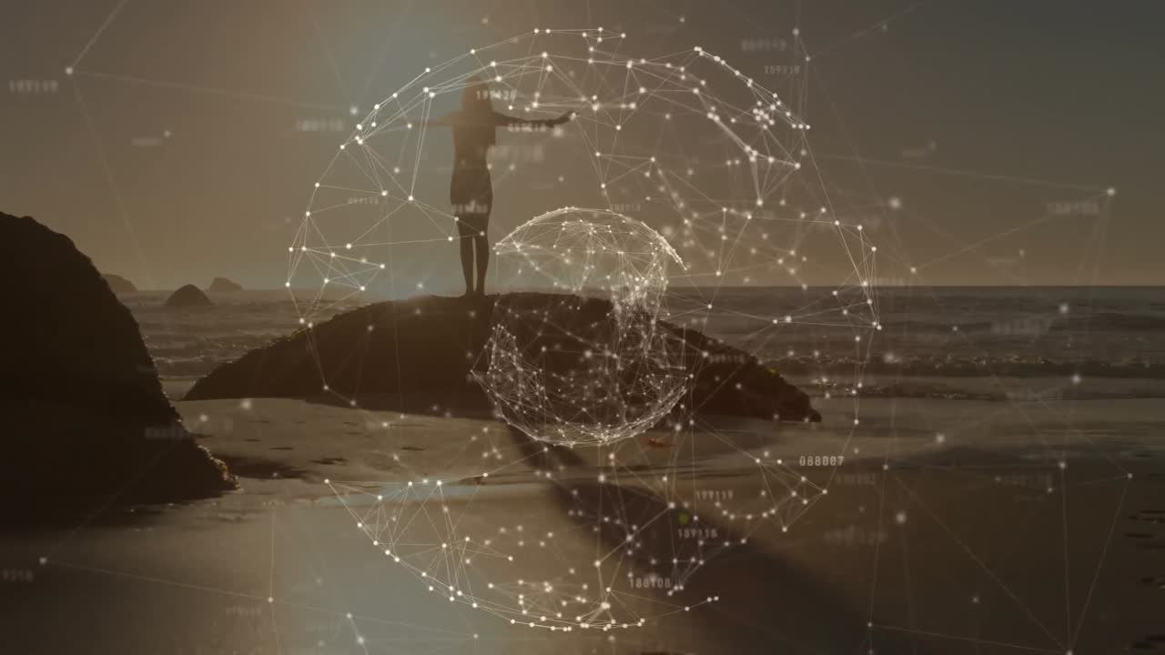 해변에서 요가를 하는 백인 여성에 대한 전 세계와의 연결 네트워크의 애니메이션