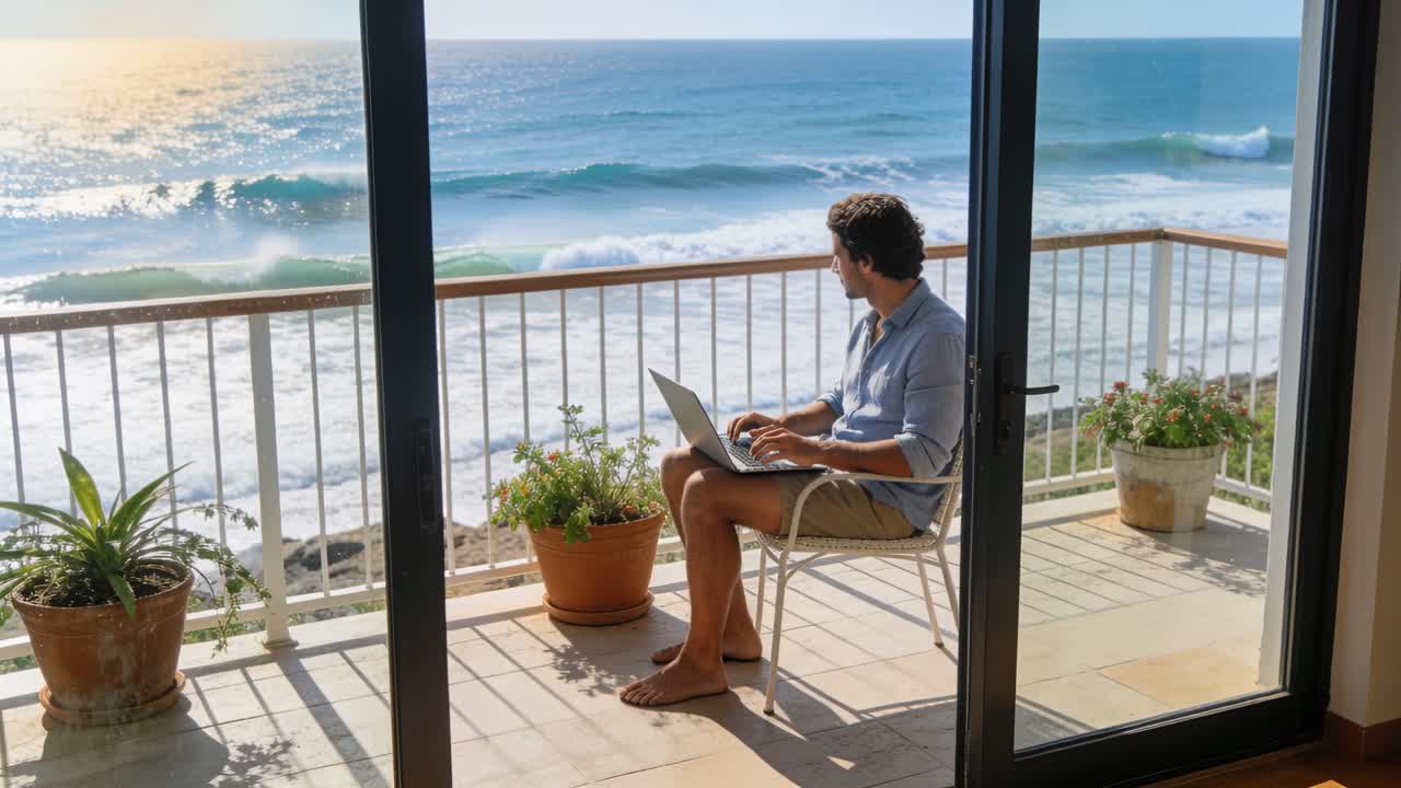 Typing man in shirt and shorts on seaside balcony pausing, glancing at sunlit ocean, using laptop