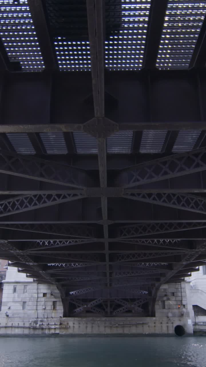 Muted view of bridge underside in Chicago, highlighting urban architecture