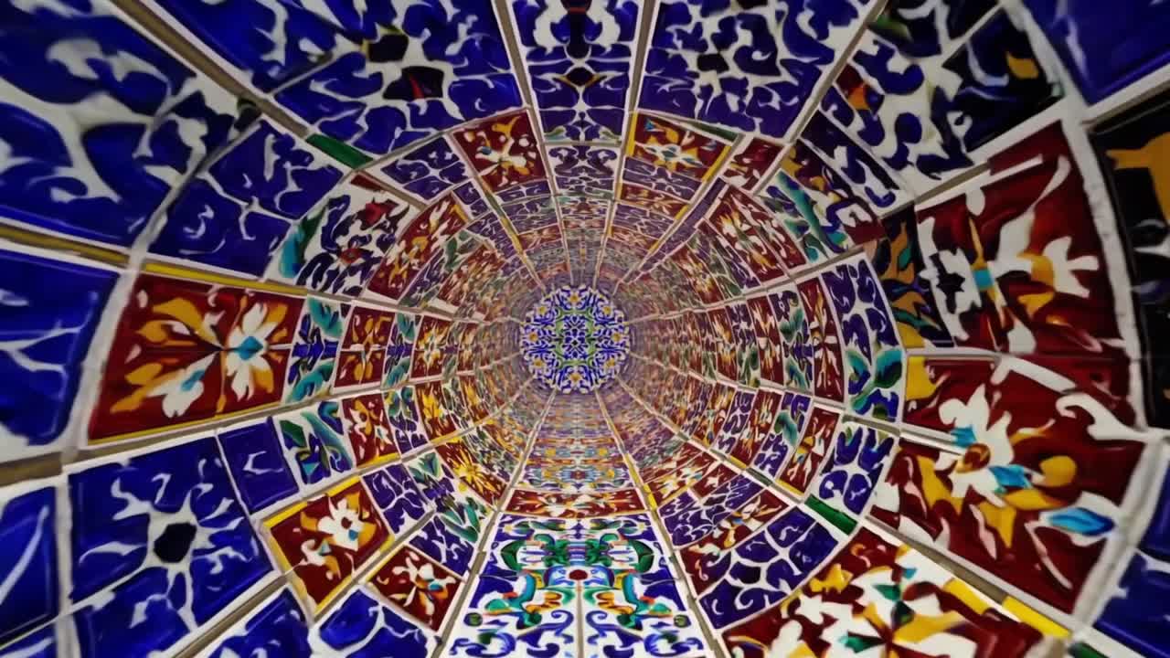 Vibrant mosaic tunnel spirals inward, showcasing intricate patterns and colors, creating a mesmerizing visual journey through a stunning decorative space