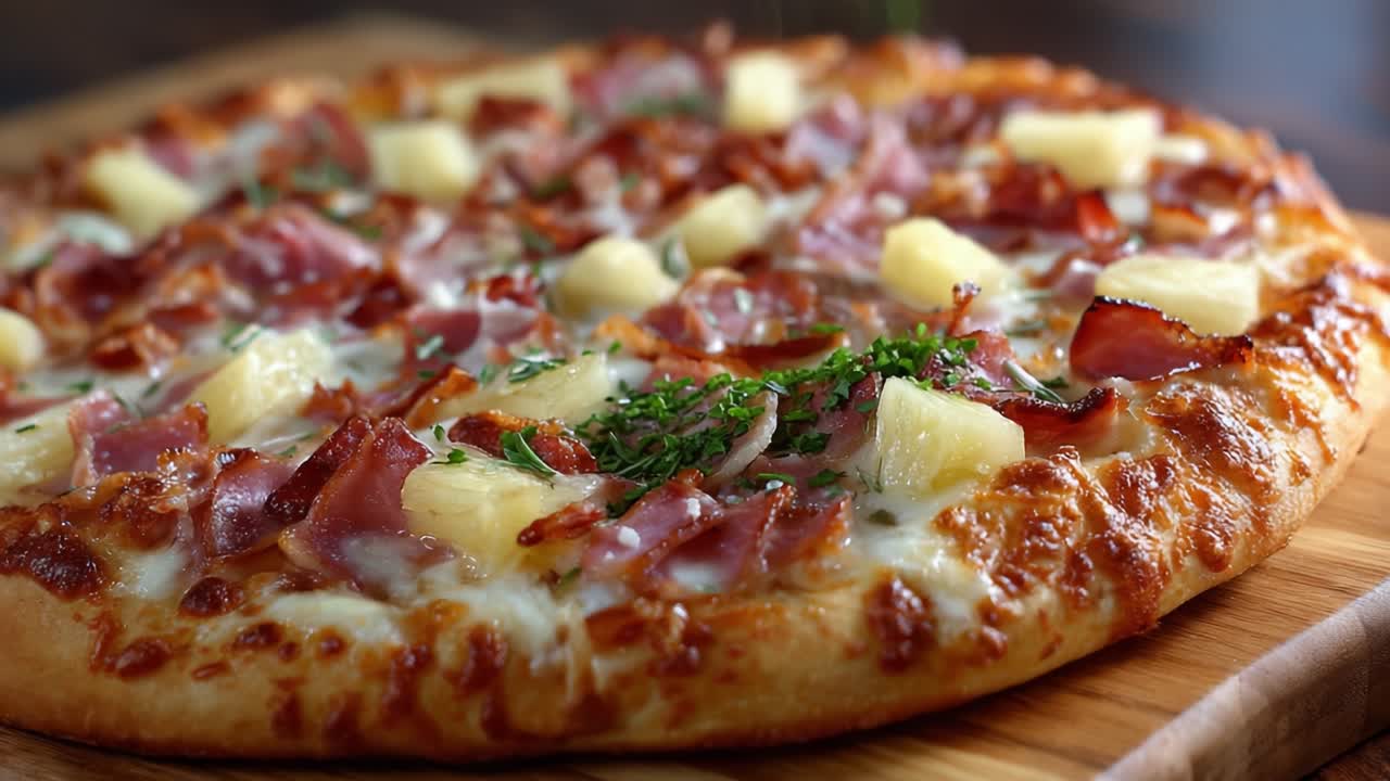 Deliziosa pizza hawaiana con prosciutto e ananas, cotta alla perfezione su una crosta croccante, guarnita con erbe fresche per un'esperienza culinaria saporita.