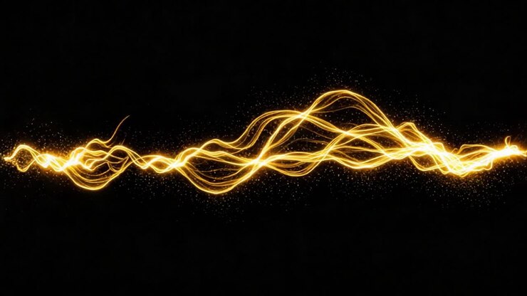Captivating Golden Wave: A Stunning Display of Dynamic Light and Energy in Motion, Embodying the Essence of Movement and Transformation Against a Dark Background