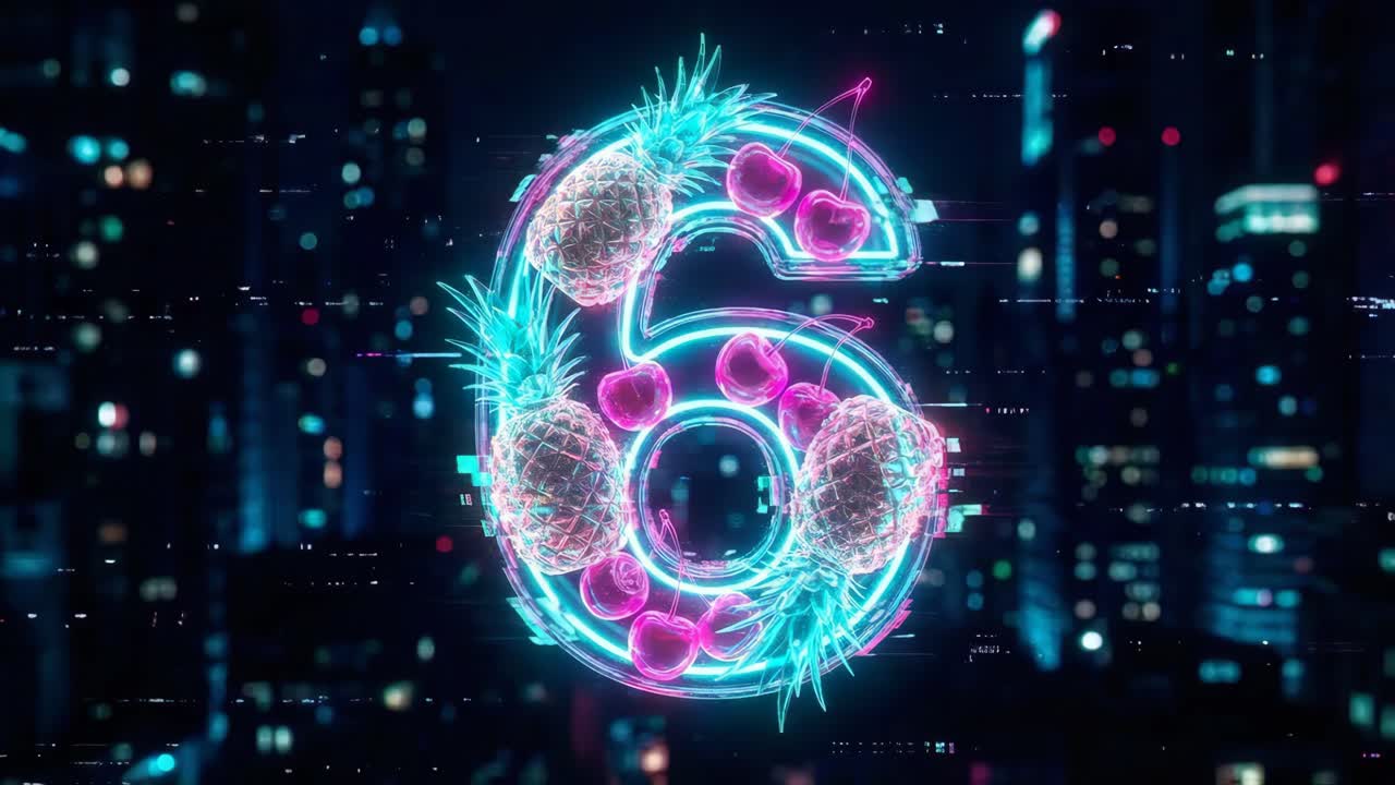Neon Number Six with Fruits
