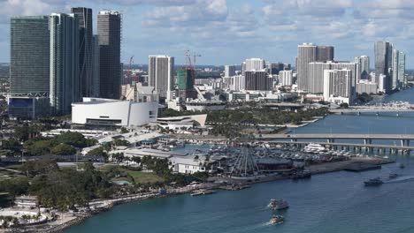 downtown miami coastline, looking north towards bayside park, kaseya centre and condos, aerial drone view