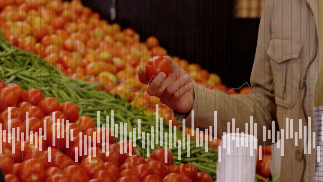 Person selecting tomatoes over data analytics animation in grocery store