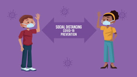 pareja interracial con distanciamiento social campaña de mensaje de prevención de covid-19