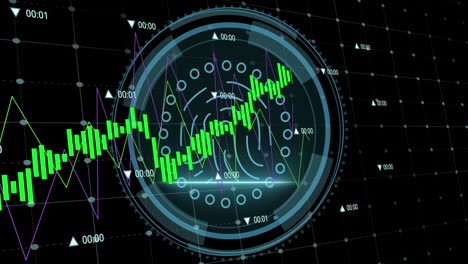 animación del procesamiento de datos contra el banner de texto de ciberseguridad y el escáner biométrico de huellas dactilares