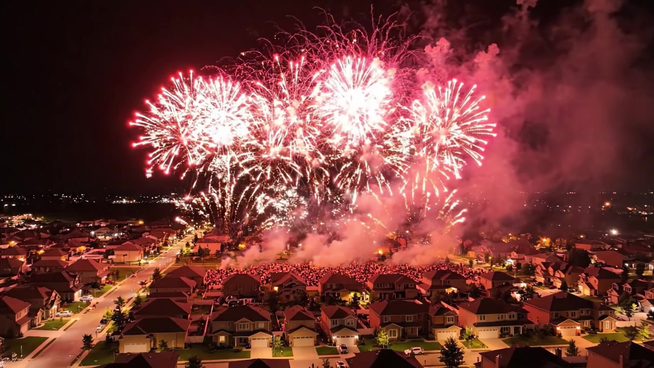 Et fantastisk skue af farverigt fyrværkeri oplyser nattehimlen over et livligt forstadskvarter og skaber en magisk atmosfære af fest og glæde.