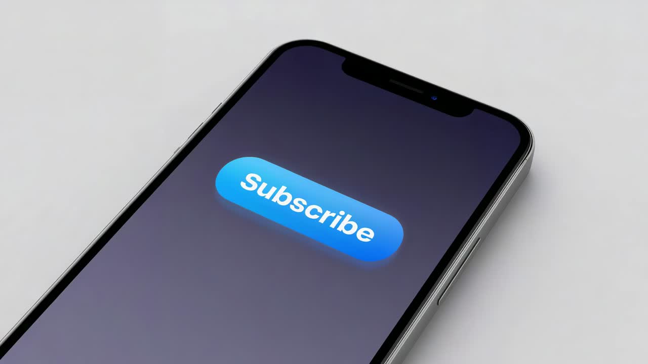 Pressing phone screen, right index finger pressing Subscribe button on white tabletop to subscribe
