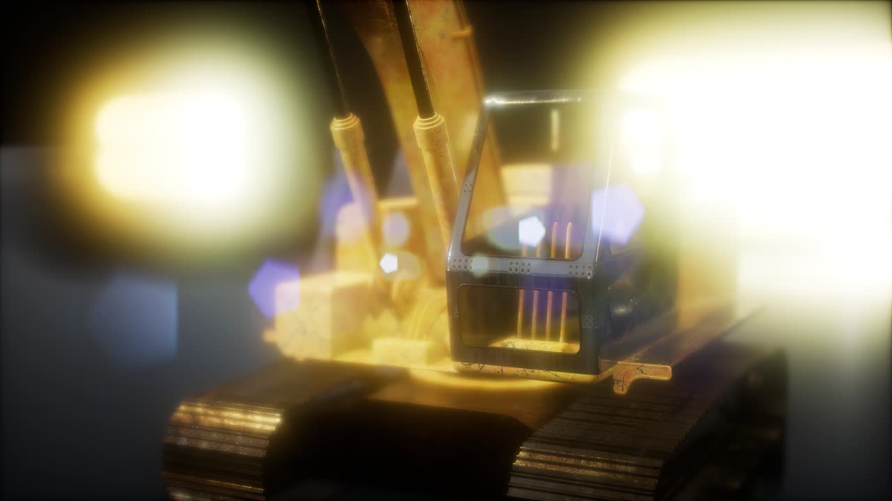 밝은 불빛으로 어두운 곳에 있는 발굴기