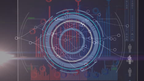animation of scope scanning and network of connections over data processing on black background