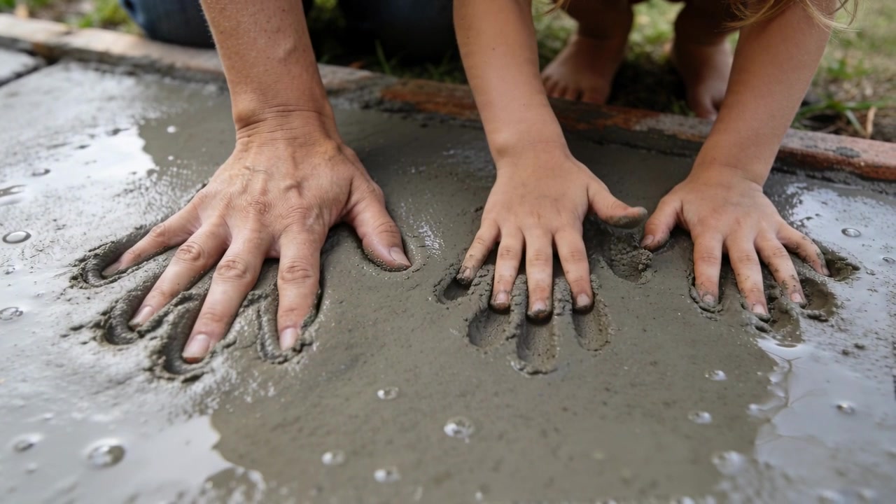Mani di adulto e bambino impresse in una lastra di cemento appena colata nel cortile, incorniciata dal legno, per creare un ricordo.