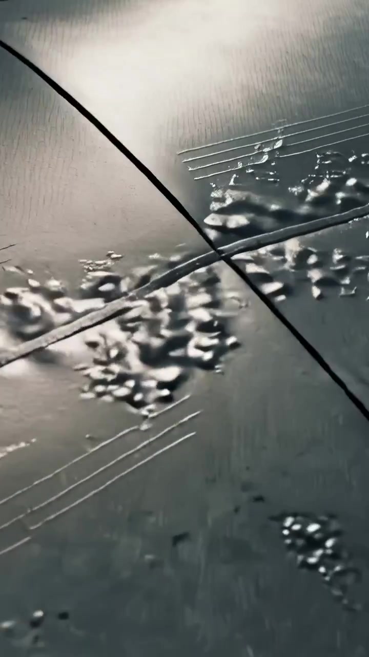 Vertical video: Panning handheld camera across car hood in driveway, revealing seam and ice patches
