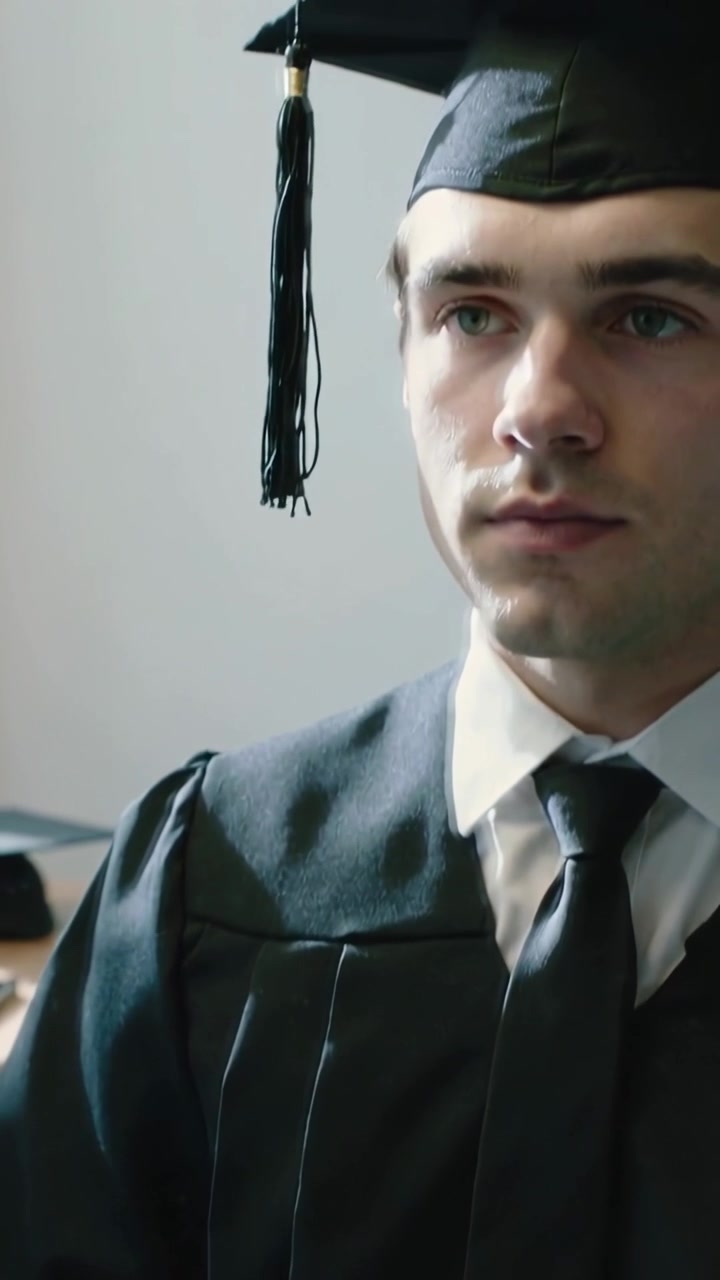 Vertikal video: Före ceremonin knyter en assistent till studentens slips och sätter mössan på den sittande studenten i kåpa.